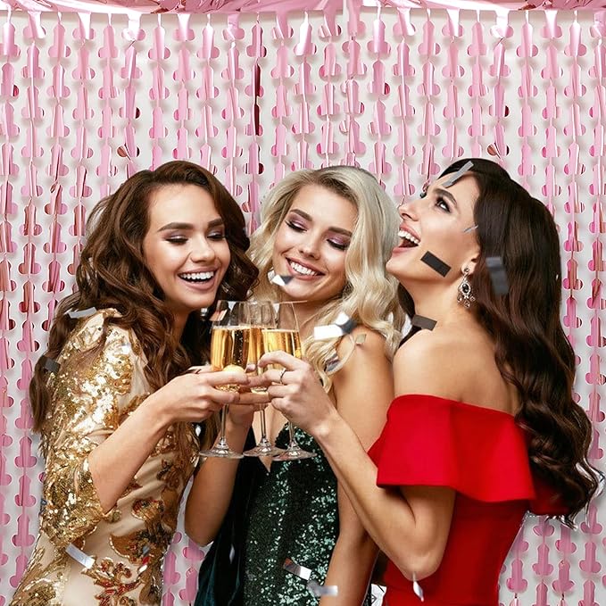 Bachelorette Party Decorations Foil Fringe Curtain, 2-Pack Girls Night Supplies Funny Metallic Streamers, Naughty Tinsel Backdrop for Hen Parties Bridal Shower Adult Birthday (Pink)