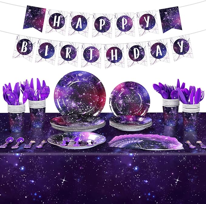 Tiamon 171 Pcs Galaxy Space Party Decoration Tableware Set Space Theme Birthday Decoration Galaxy Tablecloth Paper Plates Napkins, Birthday Banner for 24 Guests Party Supplies (Vivid Style)