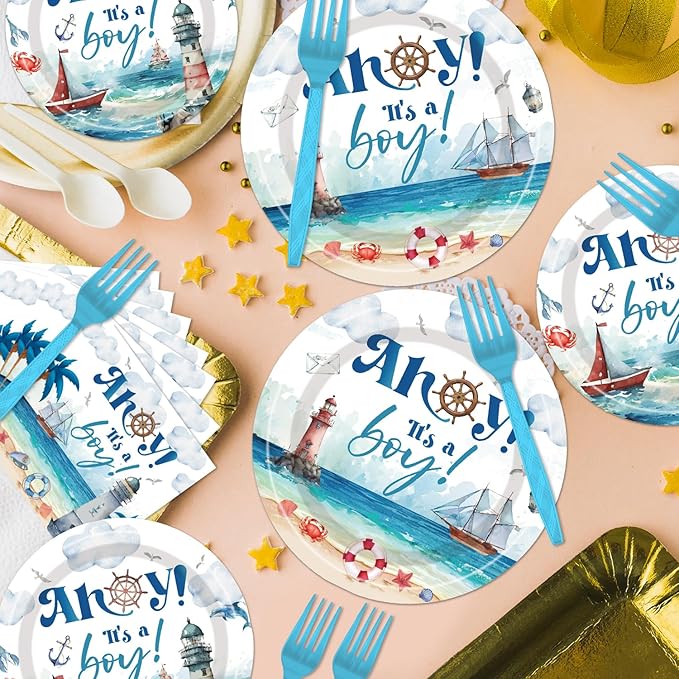 Ahoy Its a Boy Baby Shower - Nautical Themed Plates and Napkins Party Supplies Ahoy Nautical Boy Baby Shower Party Decorations Paper Disposable Tableware Set Serve 24 Guests