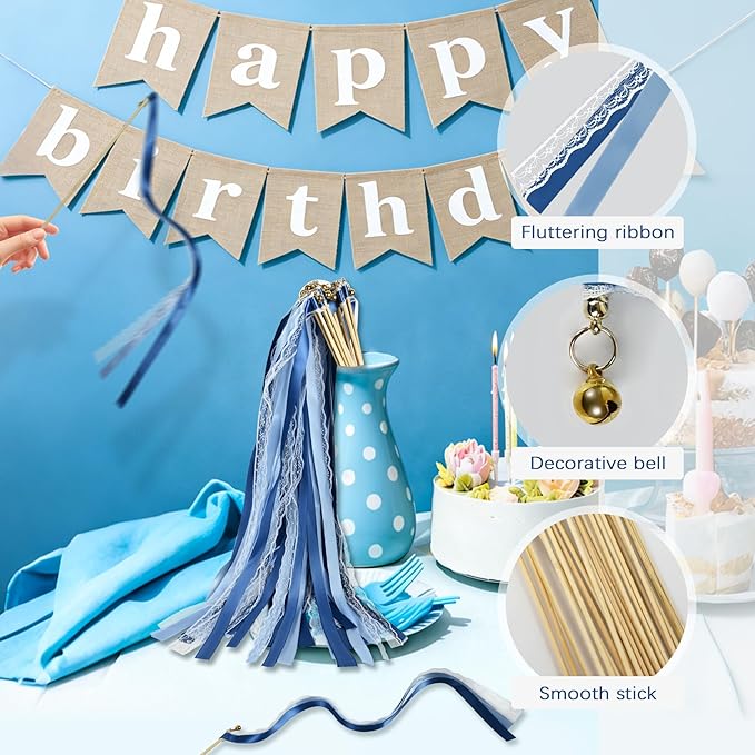 50Pcs Ribbon Sticks Wands Streamers with Bells Silk Fairy Stick Party Ribbon Streamers for Wedding Party, Birthday and Holiday Activities-Blue