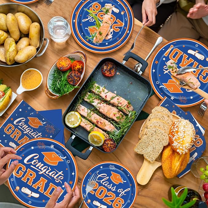 Graduation Blue Orange Party Supplies Kit Dinner Plates Dessert Plates and Napkins for Congrats Grad Party Decorations, Serves 50