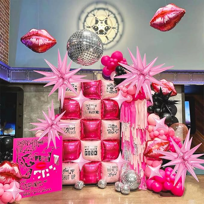 20 Pcs Star Balloons Explosion Foil Balloon- 12 Point 27”22”Pink Spike Balloons and Four Pointed Star Balloon for Party Supplies Christmas Birthday Wedding Photo Booth (Pink)