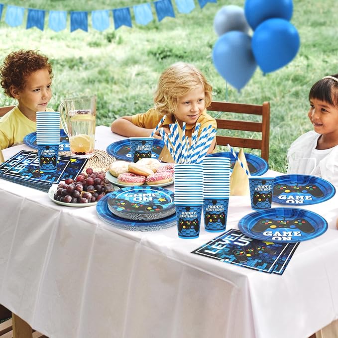 Video Game Birthday Party Decorations, 120Pcs Gaming Party Supplies Disposable and Engaging Tableware Includes Paper Plates, Napkins, Cups and Straws | Serves 24