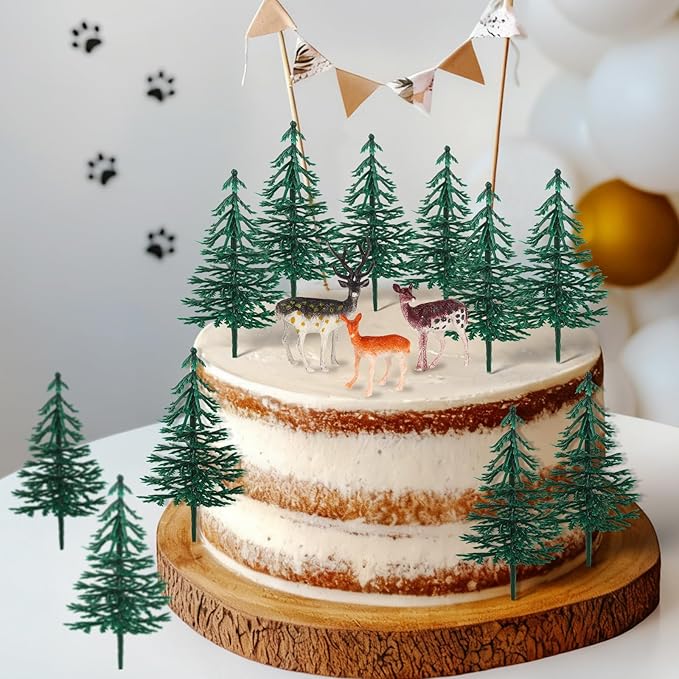 Hooqict 15Pcs Deer Christmas Tree Cake Topper with Tree Deer Figurines Hunting Cake Decorations for Winter Forest Woodland Birthday Party Supplies Animals Christmas Decorations