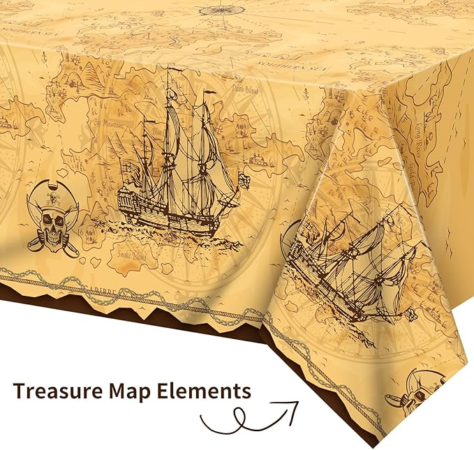durony 2 Pack Pirate Party Tablecloth Plastic Treasure Map Tablecover Disposable Pirate Table Covers Nautical Party Supplies for Treasure Theme Birthday Decorations