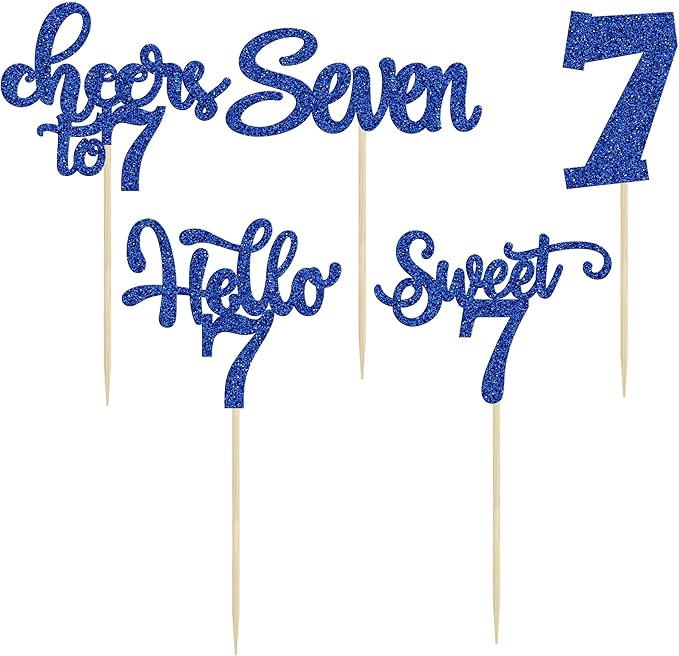 30Pcs 7th Birthday Cupcake Toppers Glitter Seven Happy 7 Cupcake Picks Cheers to 7 Years Old Cake Decorations for 7th Birthday Party Supplies Deep Blue