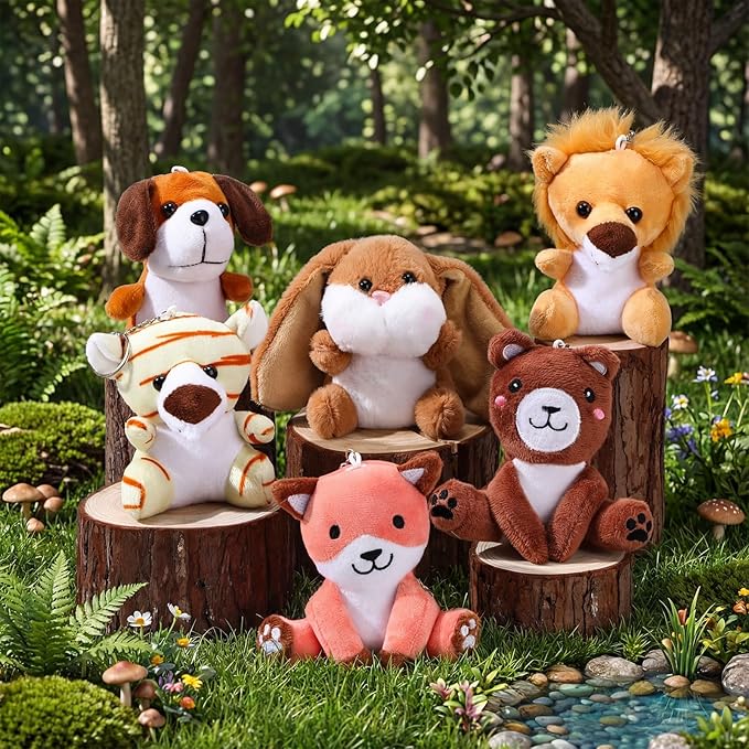 Skylety 12pcs Mini Safari Stuff Animal 3.9 Inch Cute Jungle Stuffed Animal Lion Rabbit Owl Hedgehog Monkey Tiger Zebra Elephant Leopard Hippopotamus Rhinoceros for Easter Holiday Gifts
