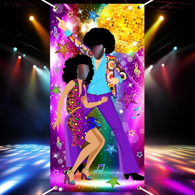Disco Door Banner 3x6 ft 70s Party Decorations 70s Theme Photo Props Disco Party Supplies Face Cutout Photo Background