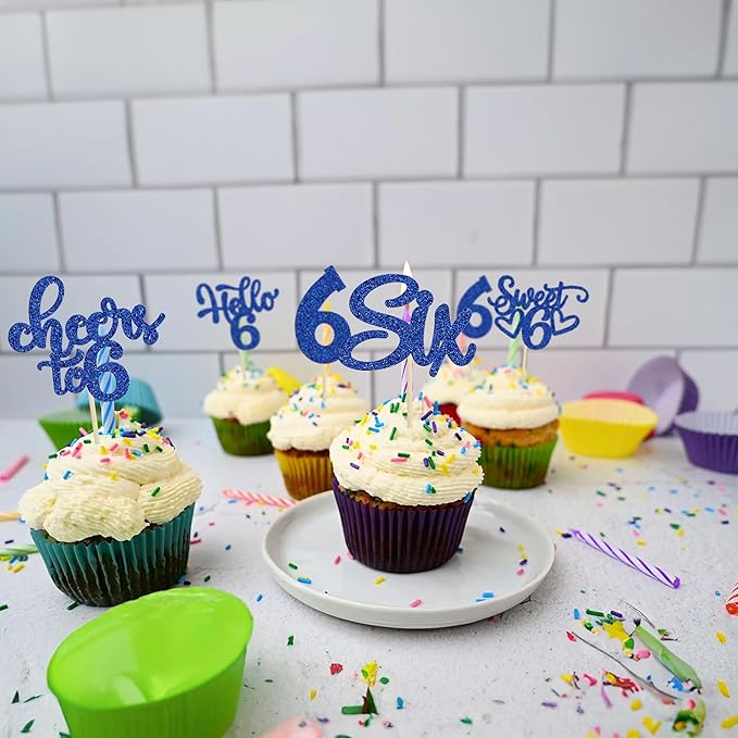 30Pcs 6th Birthday Cupcake Toppers Glitter Six Hello 6 Cupcake Picks Cheers to 6 Years Old Cake Decorations for 6th Birthday Party Supplies Deep Blue