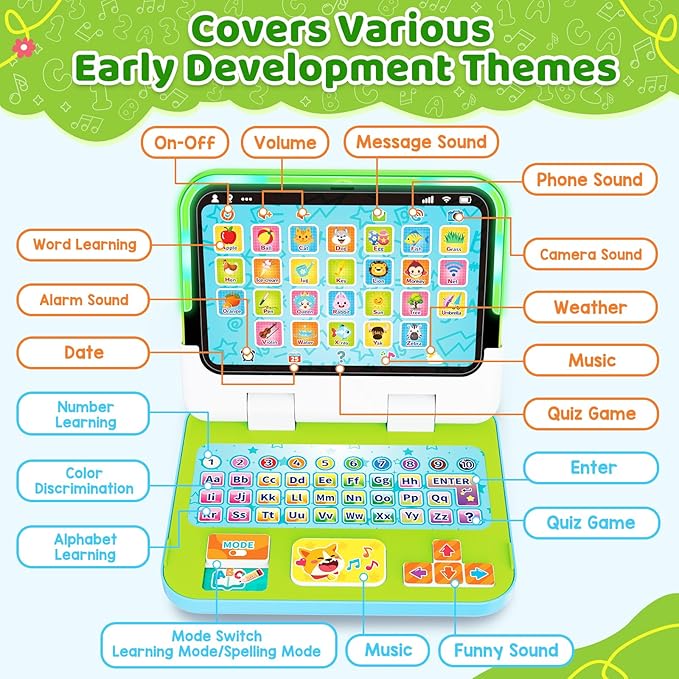 Learning Toy for Kids 1 2 3 Year Old Boys Girls, Learning Laptop for Toddlers 1-3, Interactive Educational Toys with Music Sounds Lights, Christmas Birthday Gifts for Baby Kids Age 12-18 Months, Green