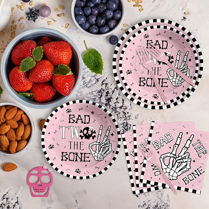 Grencian 96 Pcs Bad Two The Bone Party Decorations Girl Pink Skeleton 2nd Birthday Plates and Napkins Rock and Roll Tableware Set for Girls Music Theme 2 Year Old Birthday Party Supplies Serves 24