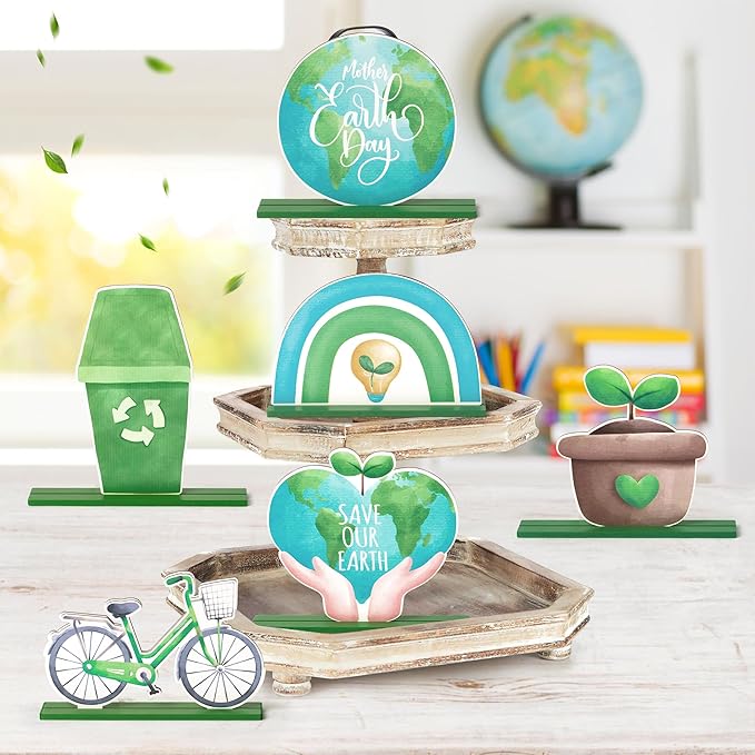 6Pcs Earth Day Wooden Centerpieces Decoration, Watercolor Environmental Protection Wood Tiered Tray Centerpieces, Green Table Topper Decor Happy Earth Day Supplies for Home Office Desk Shelf