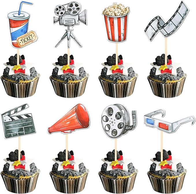 40 PCS Double Sided Movie Night Roll Glasses Camera Popcorn Cupcake Picks Projector Hollywood Cake Decorations for Kids Birthday Party Decro Supplies