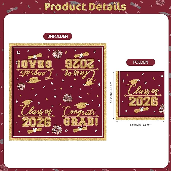 50 Pcs Graduation Napkins Class of 2026 - Maroon Gold Congrats Grad Napkins Set, 3-Ply Disposable Graduation Luncheon Dinner Party Paper Napkins for Grad Party Supplies Table Decoration
