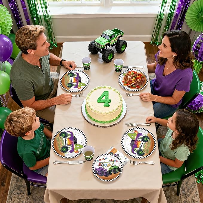 96Pcs Monster Theme Truck 4th Birthday Party Decoration Monster Birthday Plates and Napkins Green Purple Truck Disposable Paper Tableware Set for Kids Boys 4th Party Supplies Serves 24