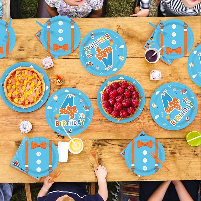 96Pcs Cartoon Teacher Theme Party Supplies Happy 4th Birthday Plates and Napkins Orange Blue Theme Tableware Set for 4th Boys Teenagers Cartoon Birthday Party Decorations Serves 24