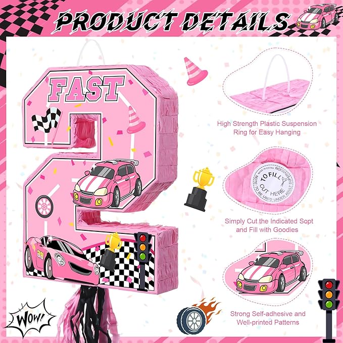 Number 2 Piñata Pink Race Car Party Decorations Racing Cars Pull String Piñata 2 with Stick Blindfold Checkered Wheel Pink Two Fast Birthday Decorations Girl Let's Go Racing Party Supplies