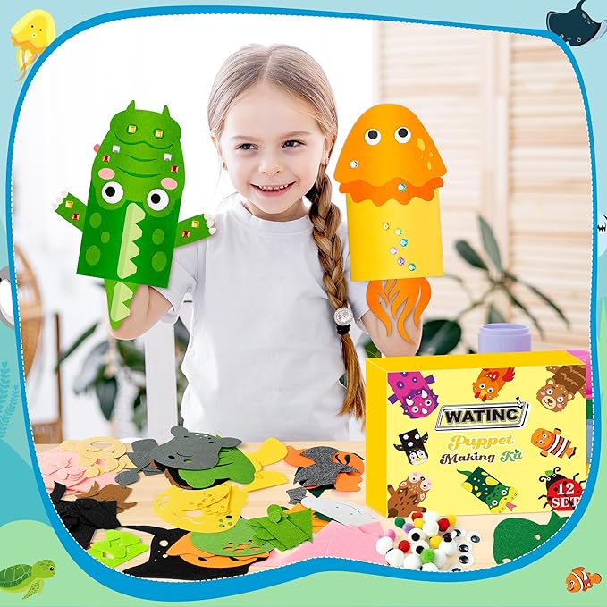WATINC 12Pcs Hand Puppet Making Kit, Art Craft Felt Sock Puppet Toys, Creative DIY Make Your Own Pompoms Wiggle Googly Eyes Storytelling Role Play Party Supplies Gift for Girls Boys (Ocean A Wild A)