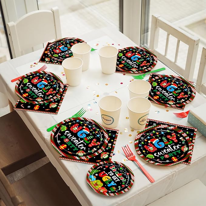 96Pcs Christmas Ugly Sweater Party Plates, Merry Christmas Party Decorations Supplies for Winter Holiday Xmas Family Gathering Birthday Party Disposable Tableware Set, Serves 24
