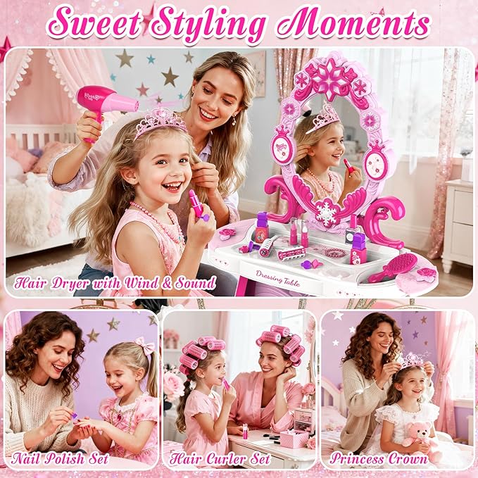 Toddler Vanity Kids Vanity Table and Chair Set, Girls Makeup Table with Mirror Lights & Music, Pretend Play Dress Up Toys with Hair Dryer, Princess Crown & Wand, Storage Bag, Gifts for Girls Age 3 4 5
