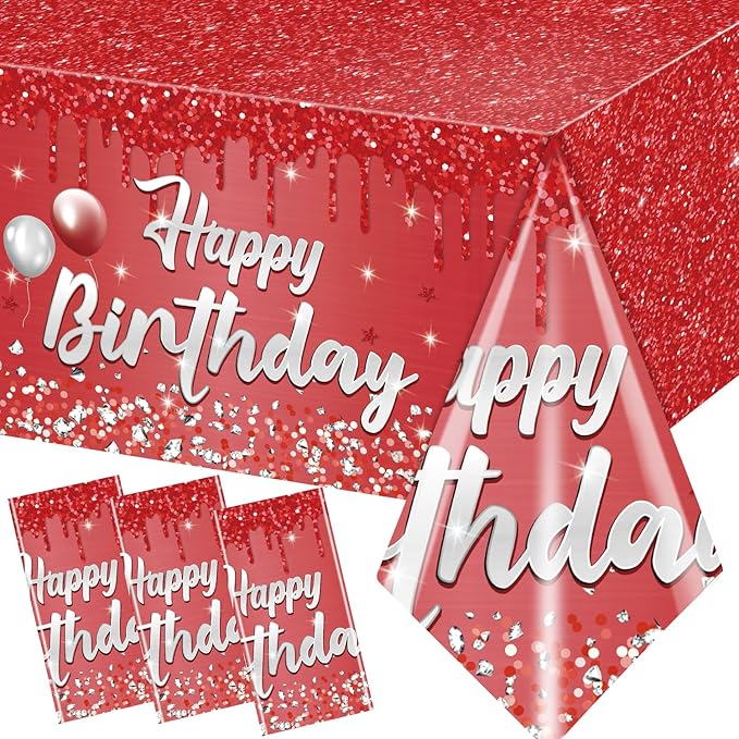 Happy Birthday Party Decorations 3Pcs Happy Birthday Tablecloth Red and Sliver Table Cloth Plastic Table Cover for Women Men Baby Shower Party Supplies