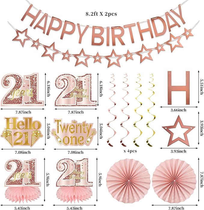 21st Birthday Decorations for Girls, Pink Rose Gold Happy 21 years old Birthday Banner Backdrop Balloons Sash Table Cake Topper Honeycomb Centerpieces Hanging Swirls Paper Fans Party Supplies