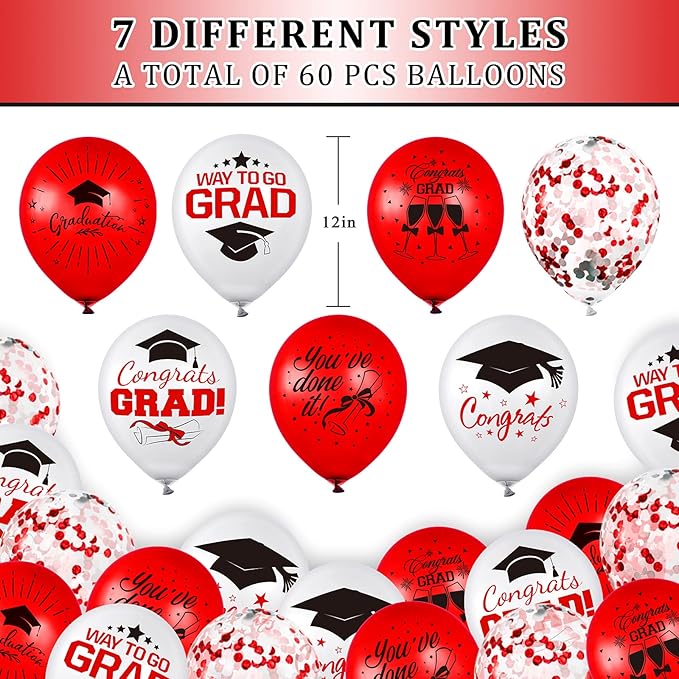 Whaline 60Pcs Graduation Party Balloon Set 7 Designs Confetti Latex Balloon with 2 Rolls Red Ribbon Grad Cap Congrats Grad Balloon for Graduation Party Decoration Supplies (Red, White)