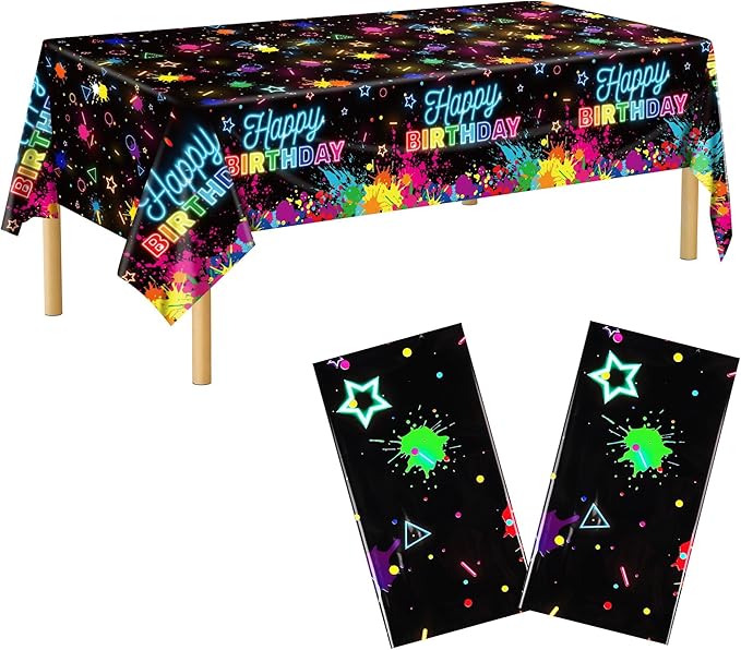 Kochorie 2 Pack Glow in The Dark Birthday Tablecloth 54 x 108 Inch Neon Disposable Plastic Table Cover Graffiti Paint Glow Table Cloths for Black Light Party, Let's Glow Birthday Decorations