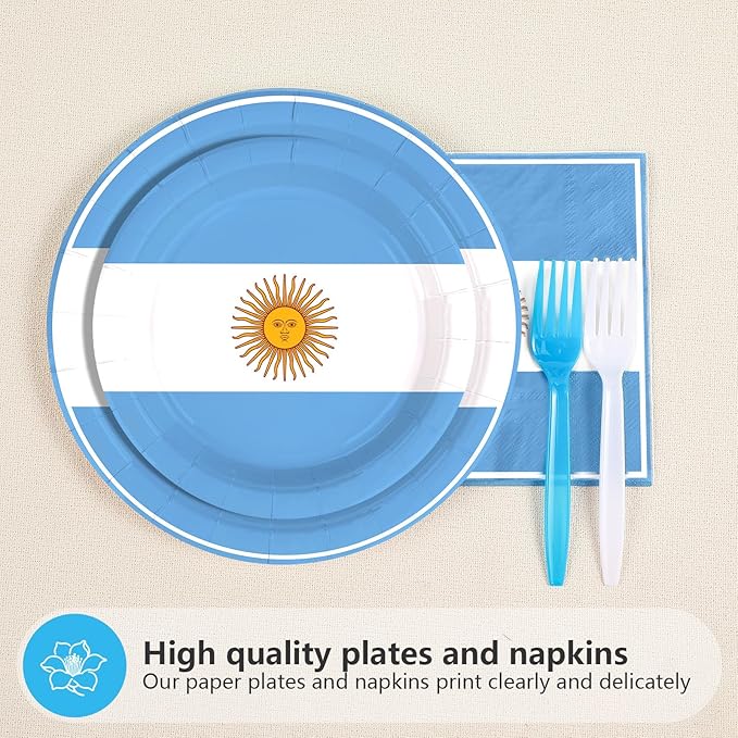 96Pcs Argentina Flag Party Supplies Argentinie Flag Birthday Plates and Napkins National Country Tableware Set for School Football Events Patriotic Festival Birthday Party Decor，Serves 24