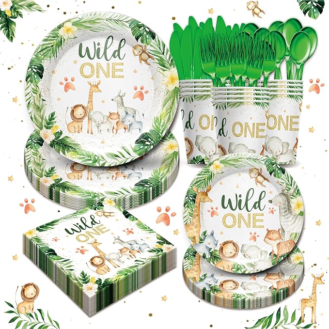 Wild One Birthday Party Supplies Tableware Set - Safari Birthday Decorations Include Plates, Napkins, Cups, Cutlery, for Animal Jungle Theme Wild One Party Supplies | Serves 24