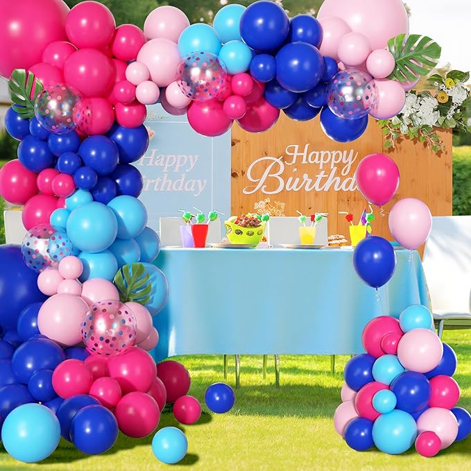 170Pcs Blue and Pink Balloons Arch Garland Kit, Royal Light Blue Hot Pink Confetti Balloons for Kid Summer Hawaii Tropical Gender Reveal Baby Shower Cartoon Themed Birthday Party Decorations Supplies