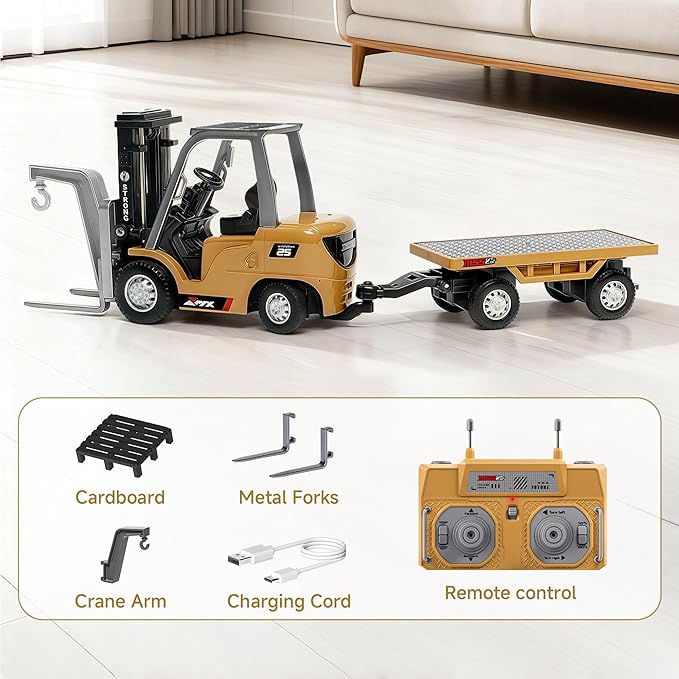 BRRRRT 1/64 Full Proportional RC Forklift Toy,8 Channel 2 Mode Mini Remote Control Forklift Truck with Flatbed Tow Truck,2 in 1 Transformable Lift Fork & Hook with Rechargeable Battery for 4+ Kids