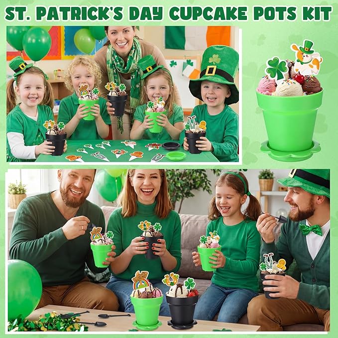 24 Sets St. Patrick's Day Cupcake Pots Kit 24 Plastic Dessert Cups with 78 Shamrock Lucky Cupcake Toppers Irish Party Decoration for Dessert Cake Ice Cream Party Activities Supplies
