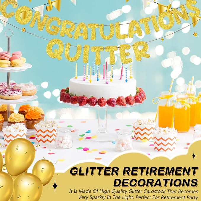 Fulmoon Pre Strung Congratulations Quitter Glitter Banner Funny Retirement Banner Graduation Party Decorations Going Away Supplies Garland for Men Women Gifts, No DIY(Gold)
