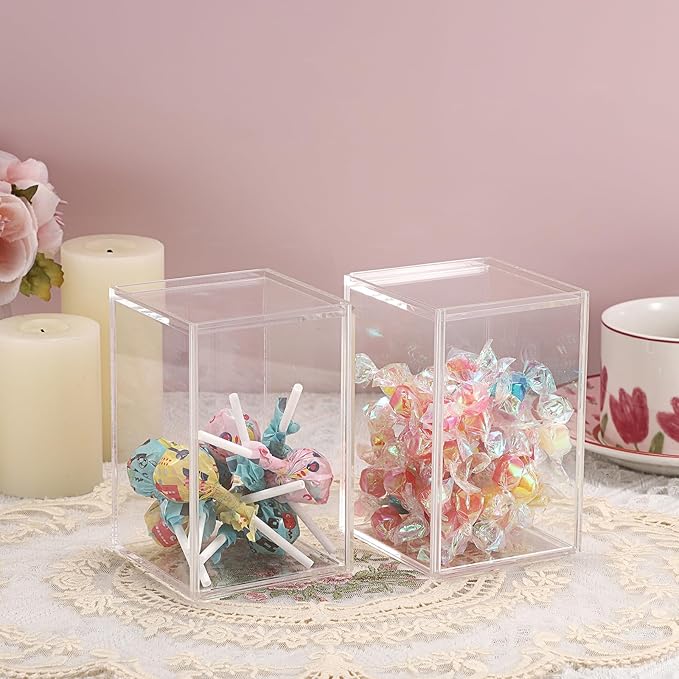 JUXYES 2 Pack Clear Display Case for Mini Action Figures, Acrylic Box with Sliding Door, Stackable Cube Small Showcase, Free Standing Collectibles Protection, 3x3x4.5 Inches