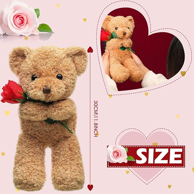 Civaner Bear Stuffed Animal Gift with Rose Funny Cute Bear Stuffed Animal Plush Gift for Mother Day Mom Birthday Wedding Christmas, 11.8 Inches(Beige)