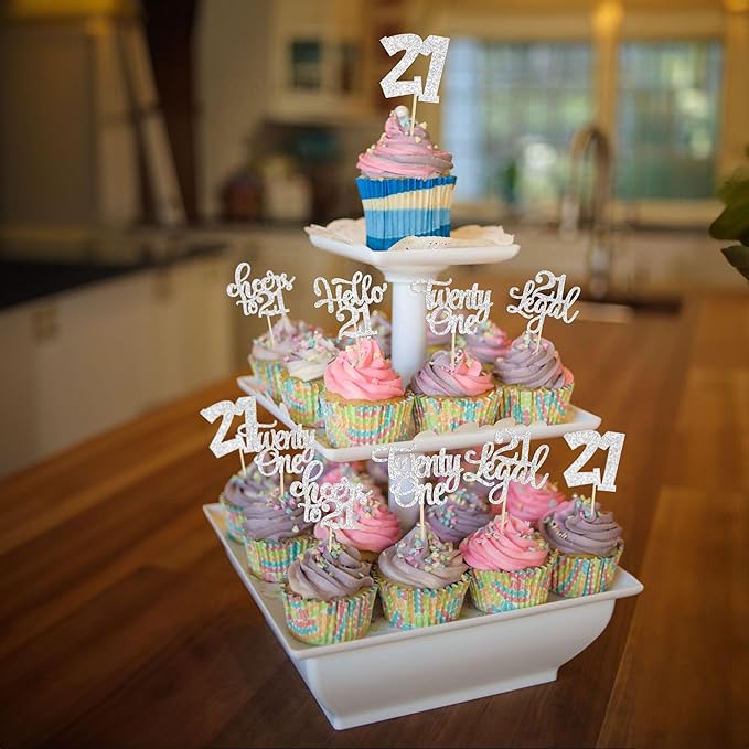 30pcs 21st Birthday Cupcake Toppers - Twenty One Legal 21st Cupcake Picks - Cheers to 21 Years Old - Silver Glitter Cake Decorations