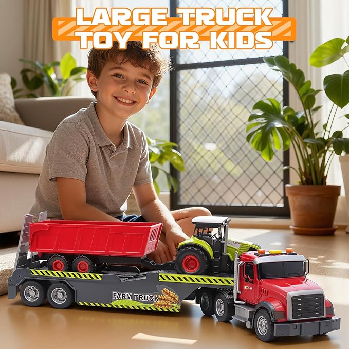 Large Flatbed 21" Semi Truck Toys for Kids with Tractor & Dump Truck,Friction Powered Vehicles Toys with Lights and Sounds,Christmas Birthday Gift Kids Boy Girls Toddlers Age 3 4 5 6 7