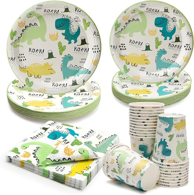 96Pcs Dinosaur Party Plates Green Dino Paper Plates and Napkins, Cups Disposable Tableware Set for 24 Guests Kids Birthday Party Picnic Baby Shower Tea Party Supplies Decorations