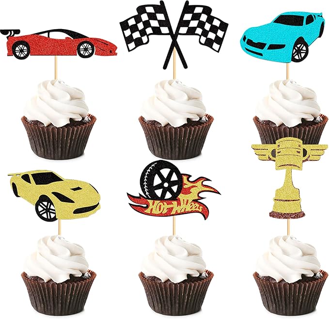 24PCS Race Car Cupcake Toppers Sparkling Trophy Flag Racing Cake Selected Racing Theme, Car Theme Party Supplies Baby Shower Boy Birthday Party Cake Decoration Supplies