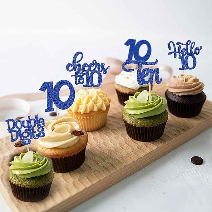 30Pcs 10th Birthday Cupcake Toppers Ten Double Hello 10 Cupcake Picks Cheers to 10 Years Old Cake Decorations for 10th Birthday Party Supplies Deep Blue Glitter