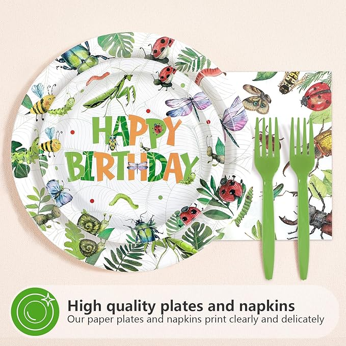 96 Pcs Bug One Birthday Party Decorations Ladybug 1st Birthday Themed Paper Plates and Napkins Spring Natural Bug Tableware Set for First Kids Boys Girls Baby Shower Party Supplies Serves 24