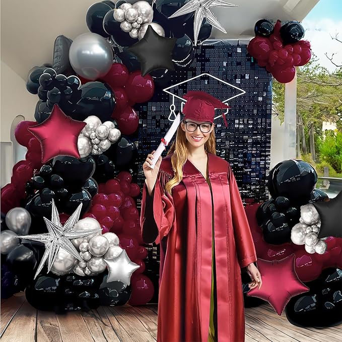 Black Maroon and Silver Balloon Garland Arch Kit 160+ Pieces with Maroon and Silver Stars for 2026 Graduation Class Decorations Birthday Party Retirement Prom Masquerade Anniversary Decorations