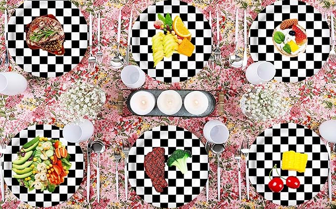 40 Pcs Black & White Checkered Party Supplies - Racing Themed Paper Plates, 7" Dessert Plates for Kids Sports Themed Race Car Birthday Party Decorations