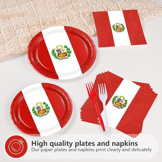 96Pcs Peru Flag Party Supplies Peruvian National Day Plates and Napkins Peru Red and White Tableware Set for Peruvian National Sports Events Patriotic Festival Party Decorations，Serves 24