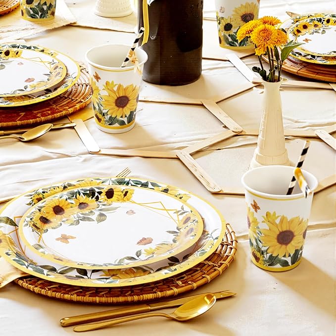 100Pcs Sunflower Paper Plates and Napkins and Cups Flower Floral Fall Party Plates for 25 Guest Wedding Baby Shower Kids Birthday Party Supplies Decoration