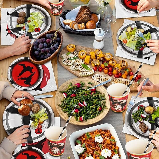 Karate Birthday Party Decorations, 120Pcs Karate Themed Party Supplies Disposable and Dynamic Tableware Includes Paper Plates, Napkins, Cups and Straws | Serves 24