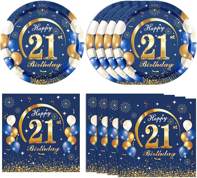 21st Birthday Party Supplies 21st Navy Blue and Gold Party Decor Includes Plates Napkins 21 Years Old Birthday Decoration Supplies for Boys Girls Men Women