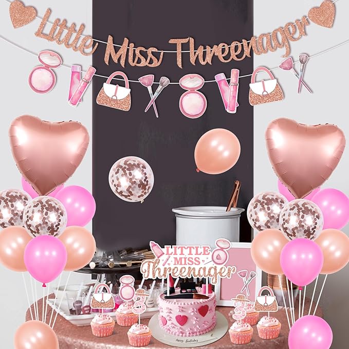 3rd Birthday Decorations for Girls Little Miss Threenager Birthday Decor Banner Makeup Theme Party Garland Cake Toppers Heart Balloon Spa Makeup Theme Party Rose Gold for 3 Year Old Girl
