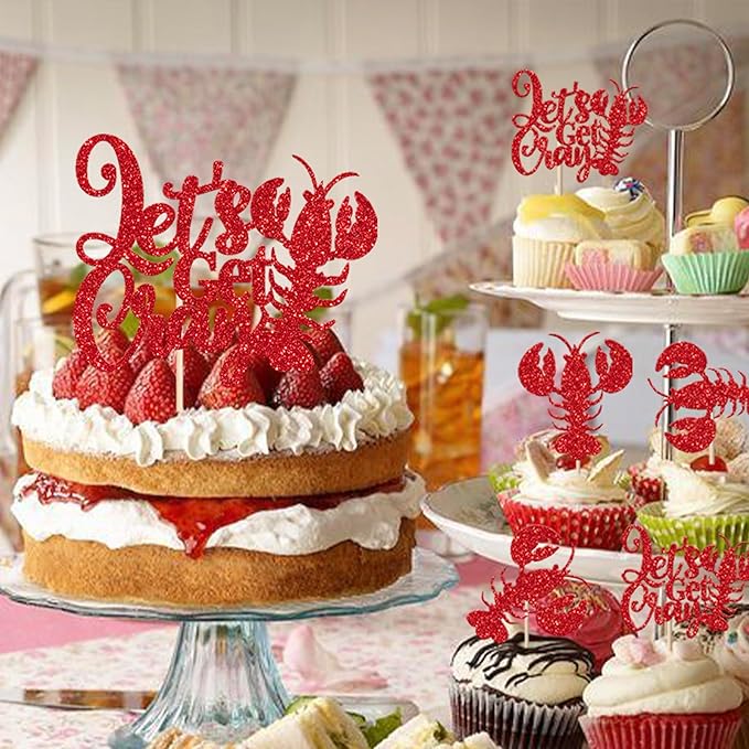 25 Pack Crawfish Happy Birthday Cake Topper Glitter Lobster Let's Get Cray Seaweed Theme Birthday Cake Pick for Baby Shower Ocean Party Cupcake Decoration Supplies